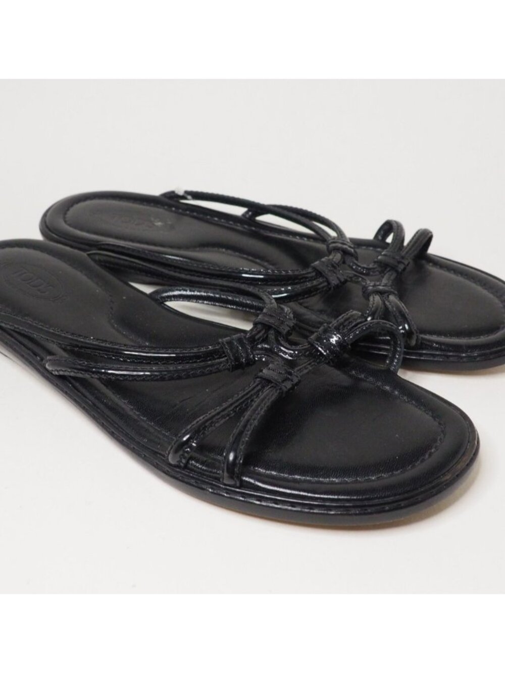 Tod's Black Patent Leather Strappy Open Toe Flats Sandals, Size 9 | 39
